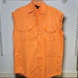 Biker Wear | Orange Sleeveless Button-Up Shirt | L